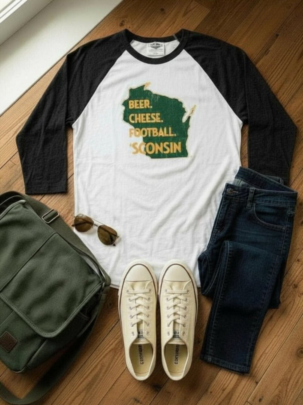NWOT Wisconsin | Beer, Cheese & Football 3/4-Sleeve White & Green T-Shirt | Sz L